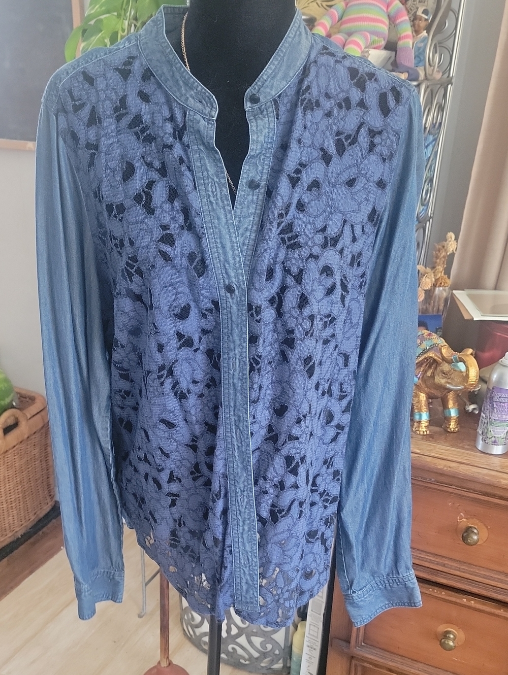 Denim-Style Navy Lace Front Womens Blouse